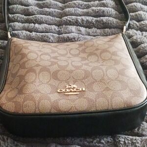Coach Tan and Black Signature Shoulder Bag